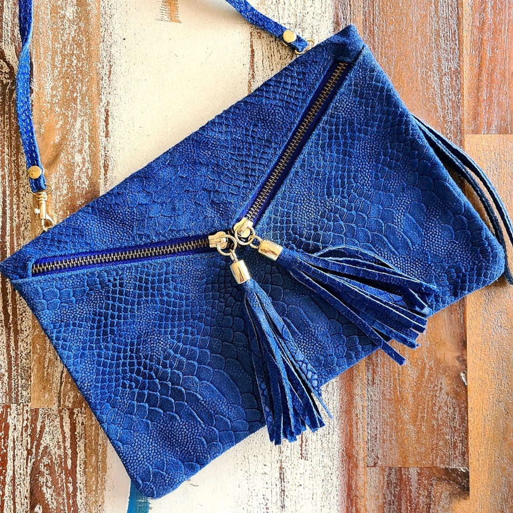 Blue Leather Textured Crossbody Bag - Picture 3 of 11